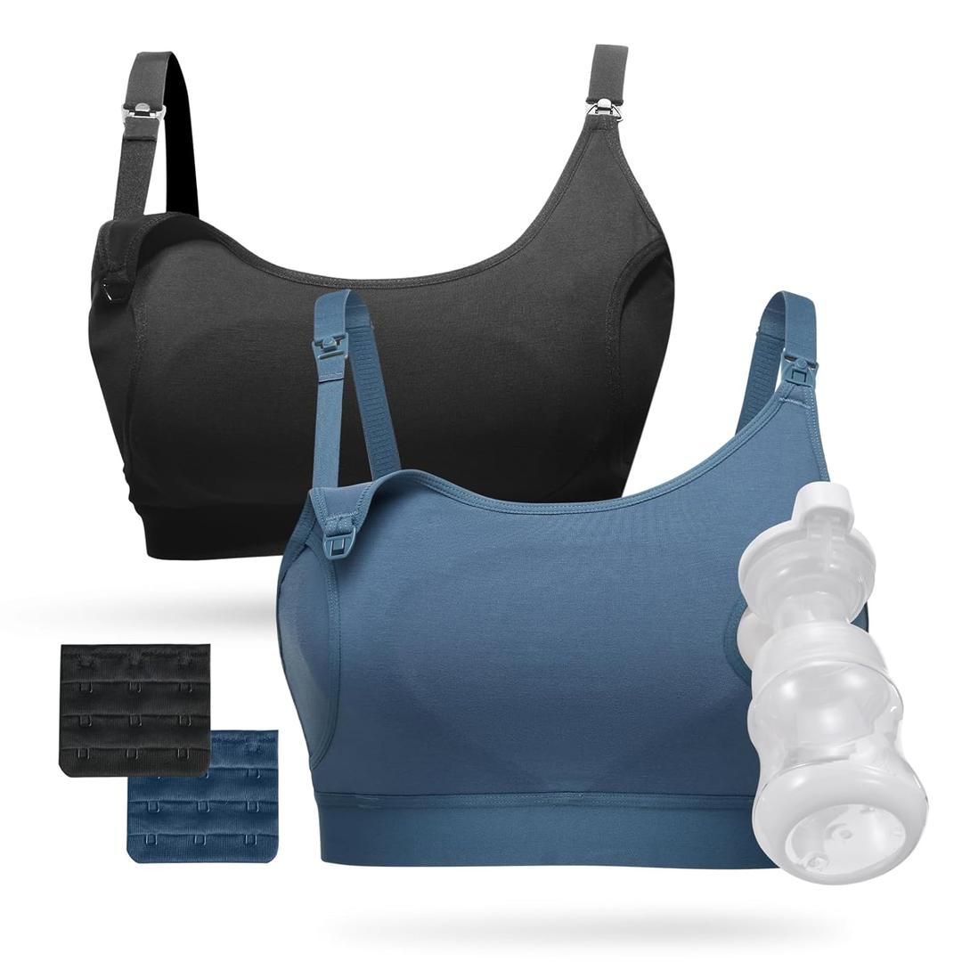 Momcozy Pumping Bra, Pumping Bra Hands Free 2 Pack Comfortable All Day Wear Pumping and Nursing Bra in One Holding Breast Pump for Spectra, Lansinoh, Medela (Large, Black, Blue)