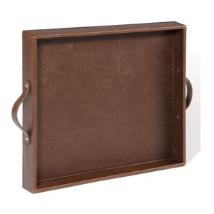 Ranslen Square Leather Serving Tray with Handles, 15"x15" Decorative Table Tray for Home, Ottoman, Coffee Table, Brown
