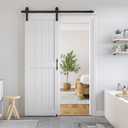 SmartStandard 28 x 84 inch White Sliding MDF Barn Door with 5FT Black Sliding Door Hardware Kit & Handle, Pre-Drilled Ready to Assemble, Waterproof PVC Coating, H-Frame