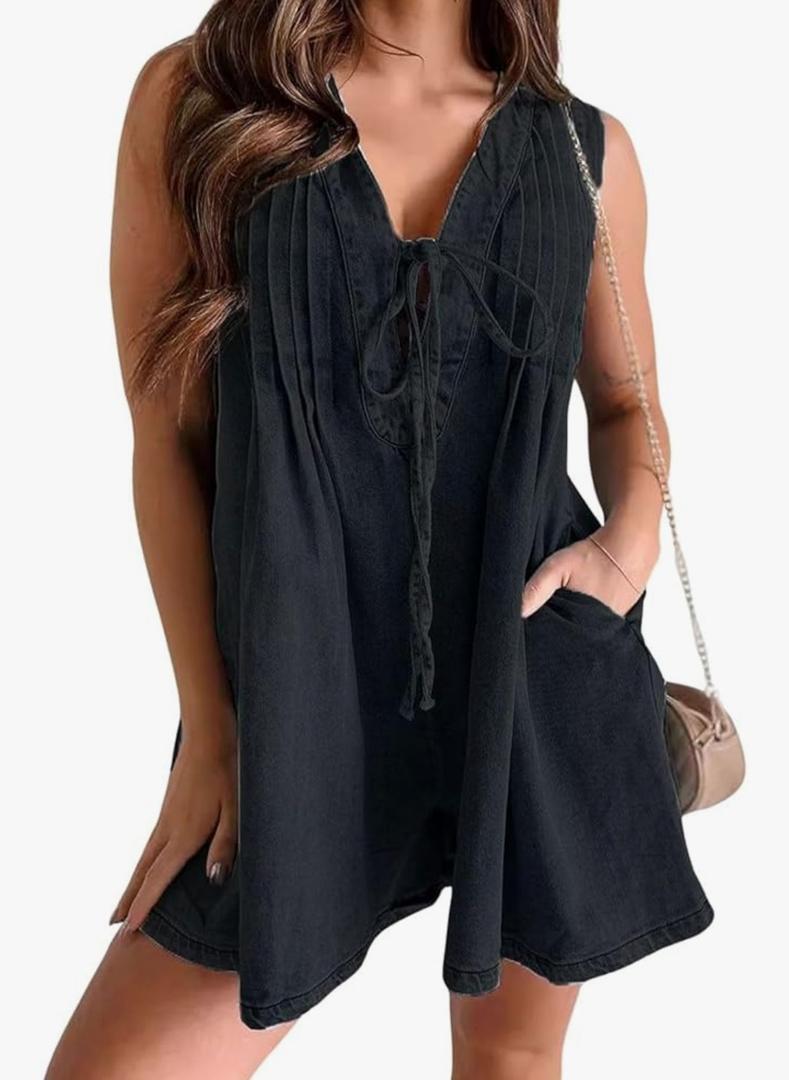 Women's Sleeveless V Neck Shorts Denim Romper Tie Front Ruffle Cute Loose Jean Short Overalls with Pockets L Black