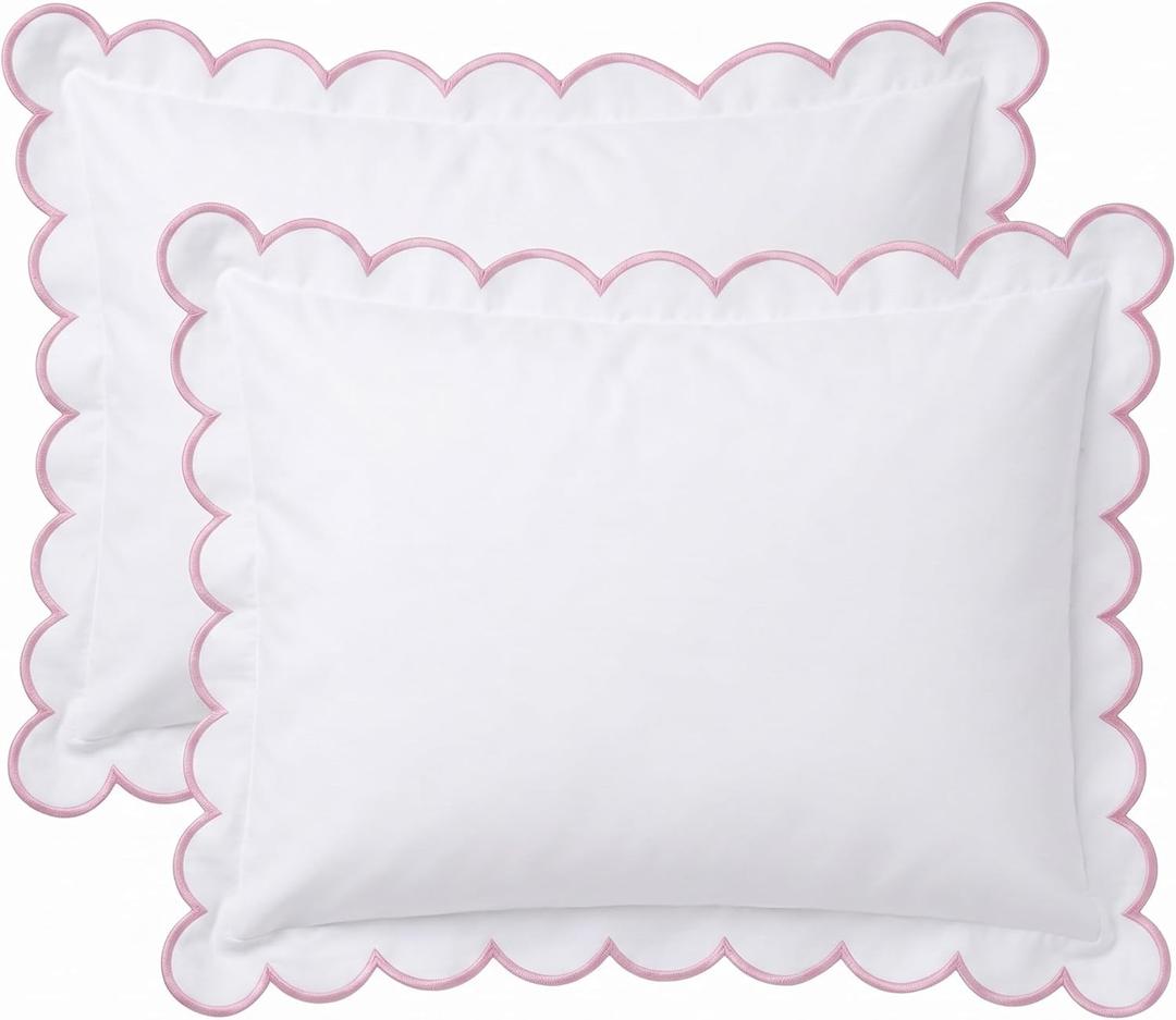 Frienda Set of 2 Scalloped Pillow Cover Embroidered Bed Scalloped Standard Queen Pillowcases Microfiber Pillow Cover for Bedroom Guest Room(Pink,30" X 20")