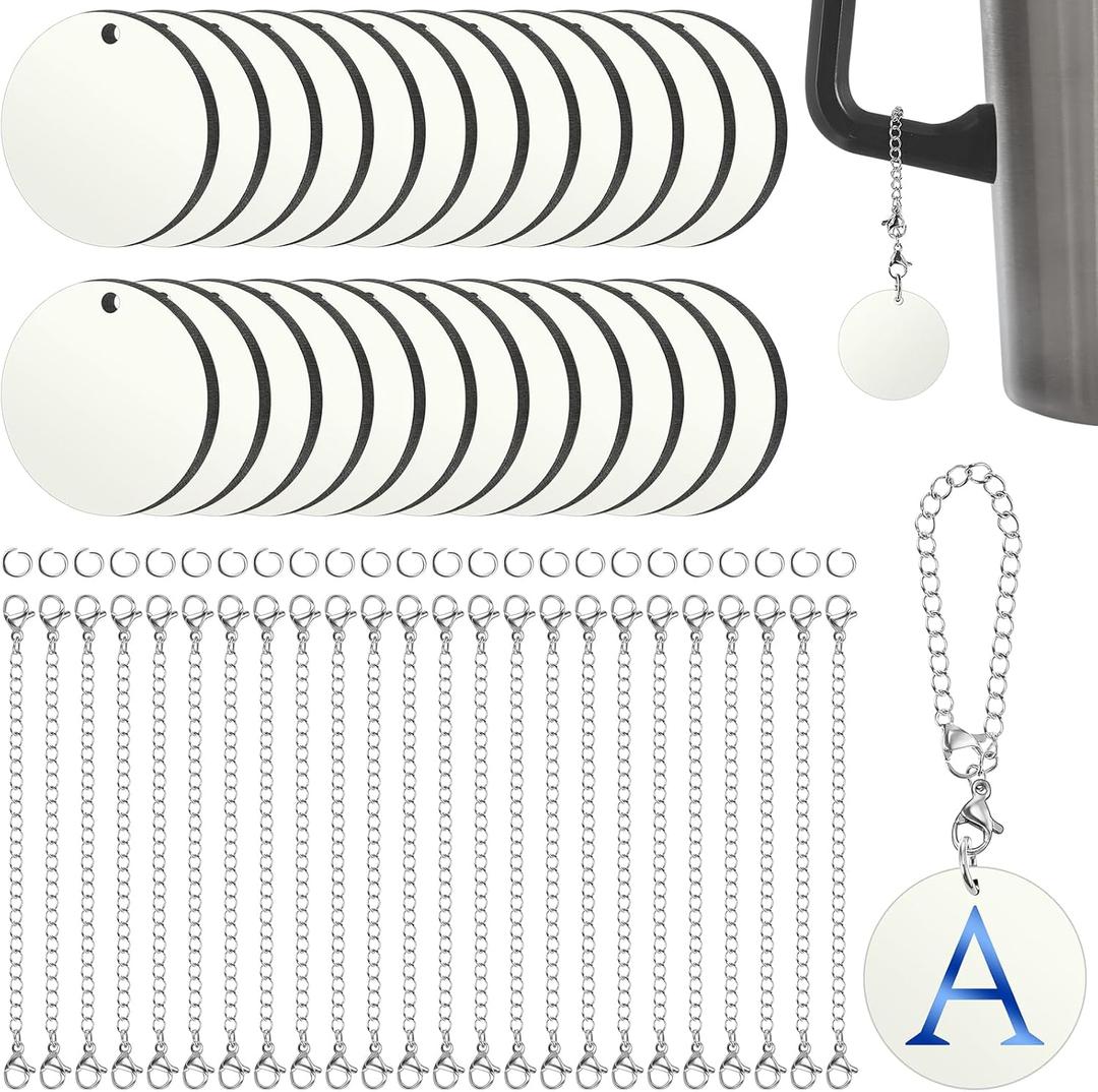 Landical Sublimation Charm Accessories for Cup Name ID Charm for Tumbler Cup MDF Single Side Sublimation Blanks Bulk with Chains Jump Rings DIY Crafts Gift