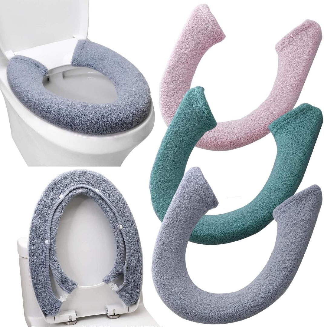 3Pack Toilet Seat Cover,Bathroom Soft Thicker Warmer with Snaps Fixed Stretchable Washable Fiber Cloth Toilet Seat Covers Pads (Gray,Pink,Green)
