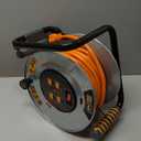 Masterplug 50ft Cord Reel, Metal Steel Cable Drum, Retractable Extension Lead with Winding Handle, Safety Overload Circuit Breaker and Power Switch, 4x Grounded Outlets, 15amps, 12AWG Cable