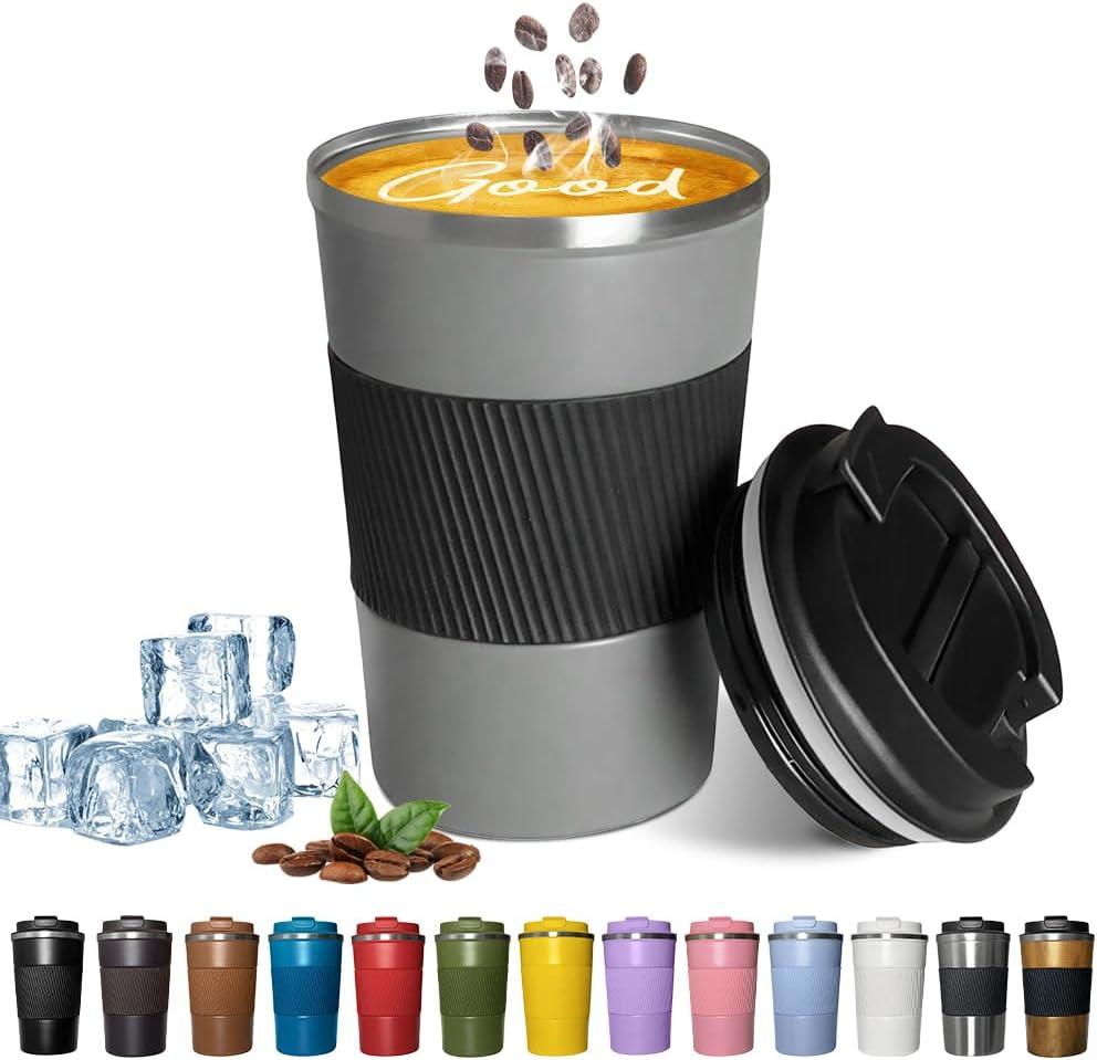 YINBAOGE Insulated Travel Coffee Mug, Spill & Leak Proof, Portable To Go Camping Stainless Steel Coffee Tumbler, Reusable Thermal Coffee Cup with Lid for Hot & Cold Drinks (Grey, 12 OZ) (Gray)