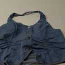 OYOANGLE Women's Vintage Denim Crop Tank Button Front Sleeveless Halter Jean Vest (Medium, Medium Wash)