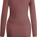 AUXDIO Women Bodycon Long Sleeve Dresses Casual V Neck Ruched Wrap 2026 Spring Fall Party Club Mini Dress (L)