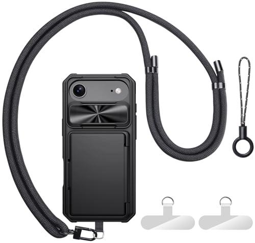 BXYJY for iPhone Air Case Wallet with Strap, Crossbody Cell Phone Lanyard for Women Men, Card Holder, Slide Camera Cover, Military Grade Drop Proof, Heavy Duty Phone Case for iPhone Air, Black