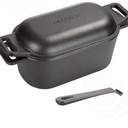 2-in-1 Pre-Seasoned Cast Iron Dutch Oven Pot with Lid as Skillet, Grill Pan, with Lid Lever, Dual Loop Handles, Oval Heavy Dutch Oven for Bread Baking, Frying, Camping, BBQ, 3.8 QT Black