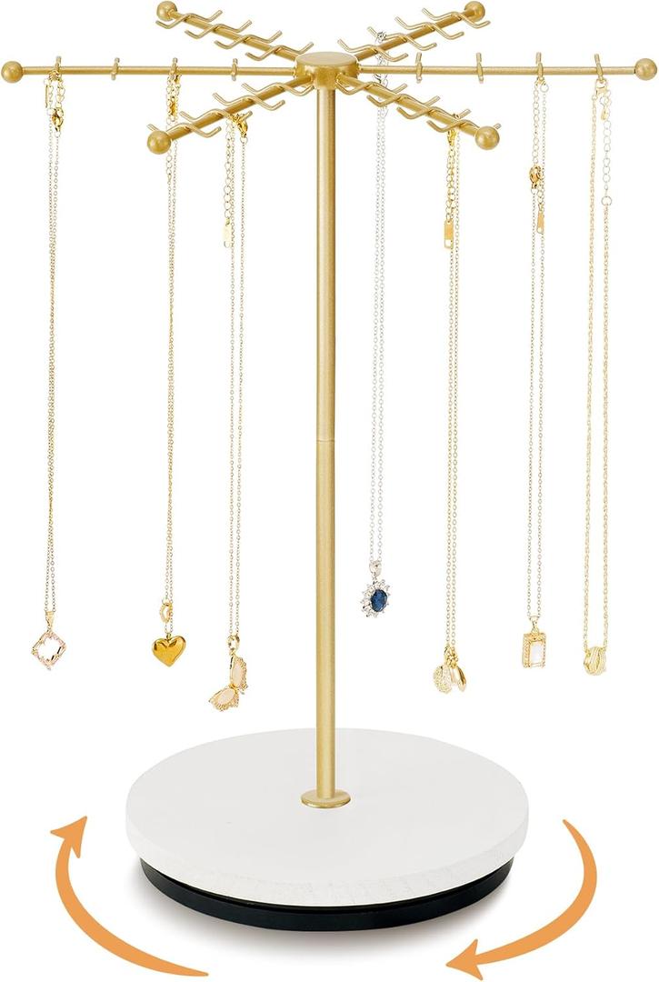 Poyilooo Necklace Holder Jewelry Stand, Rotating Necklace Holder Organizer with 48 Hooks for Necklace Earring Keychains Bracelet Display Stand, Metal Necklace Tree Stand -Women Gifts (Gold)