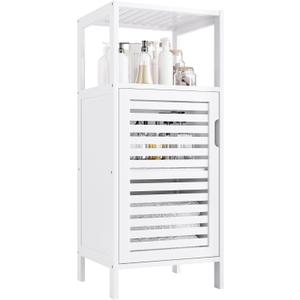 HITNET Bamboo Bathroom Storage Cabinet, 4 Tier Small White Floor Cabinet with Single Door, Free Standing Slim Narrow Storage Organizer for Bedroom Living Room