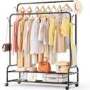 TigerParty Double Rods Clothes Rack for Hanging Clothes, Rolling Clothing Rack with Wheels, Freestanding Garment Racks with 2 Shelves for Bedroom Laundry Living Room, Black