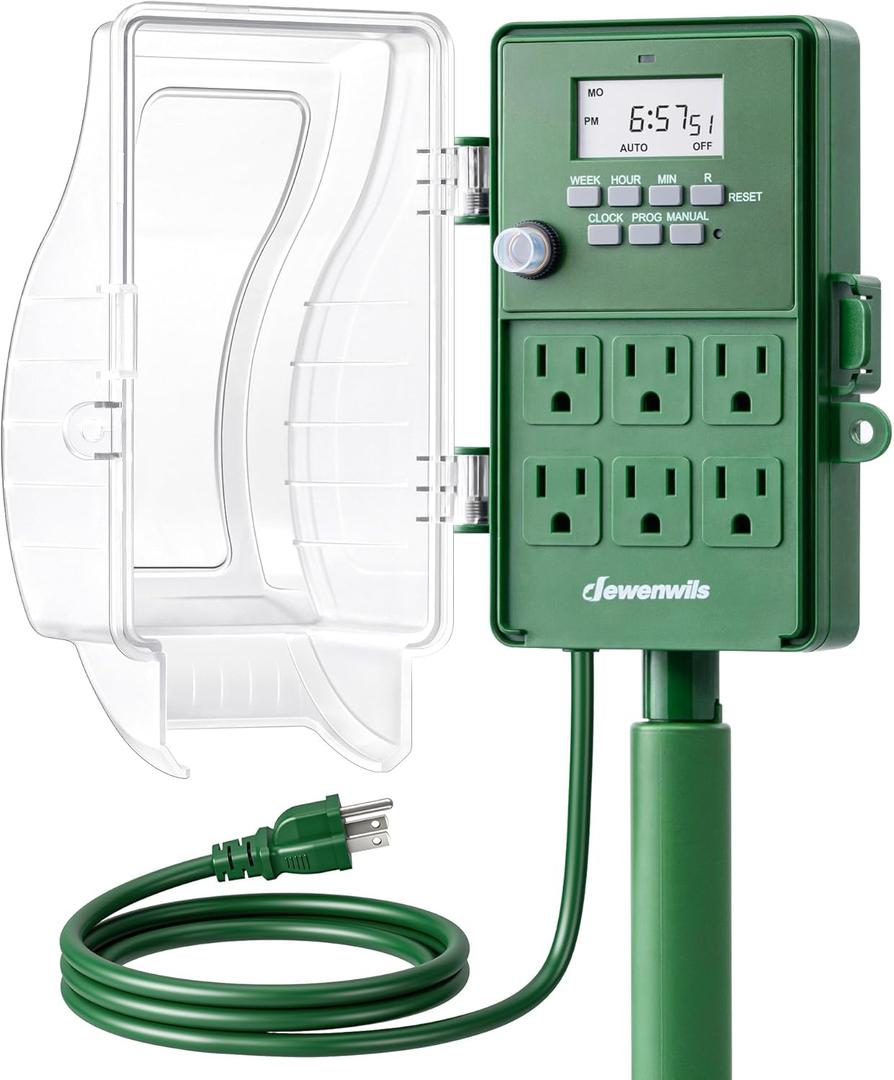 DEWENWILS Outdoor Power Stake Timer, 1800W/15A Digital Timer with 6 Grounded Outlets, 6FT 14/3C Extension Cord, Waterproof Heavy Duty Outlet for Lights, Yard, Garden, ETL Listed (Green)