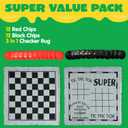 3-in-1 Vintage Giant Checkers, Tic, Tac, Toe, with Reversible Mat, 24 Chips, Family Board Game, Lawn Game, BBQ Party Favor, Indoor and Outdoor Activity for Kids and Adults