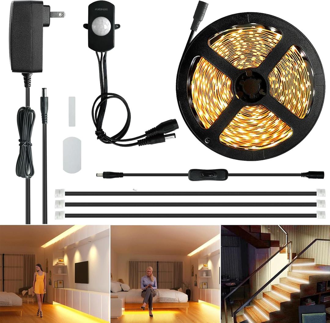 Sensky 19.7ft/6m Motion Activated LED Strip Light Kit Flexible LED Strip Motion Sensor for Bedroom, Gun Safe, Under Cabinet, Under Bed, Pantry, Kitchen, Stairway, Closet(Warm White 3000-3500K) (1 KIT upgrade with dimmer)