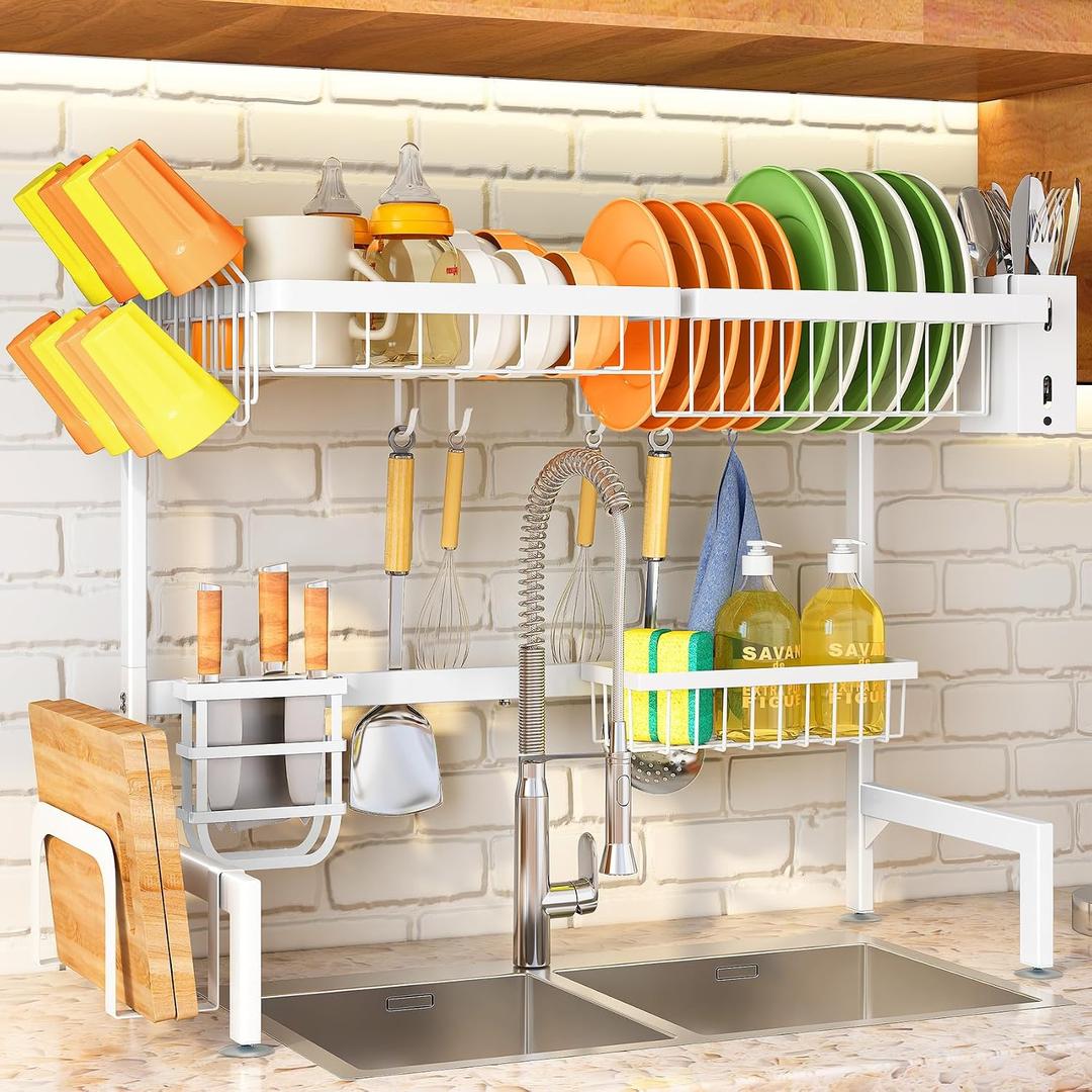SNTD Over The Sink Dish Drying Rack - Adjustable Dish Rack for Kitchen Counter, Metal (White), Large