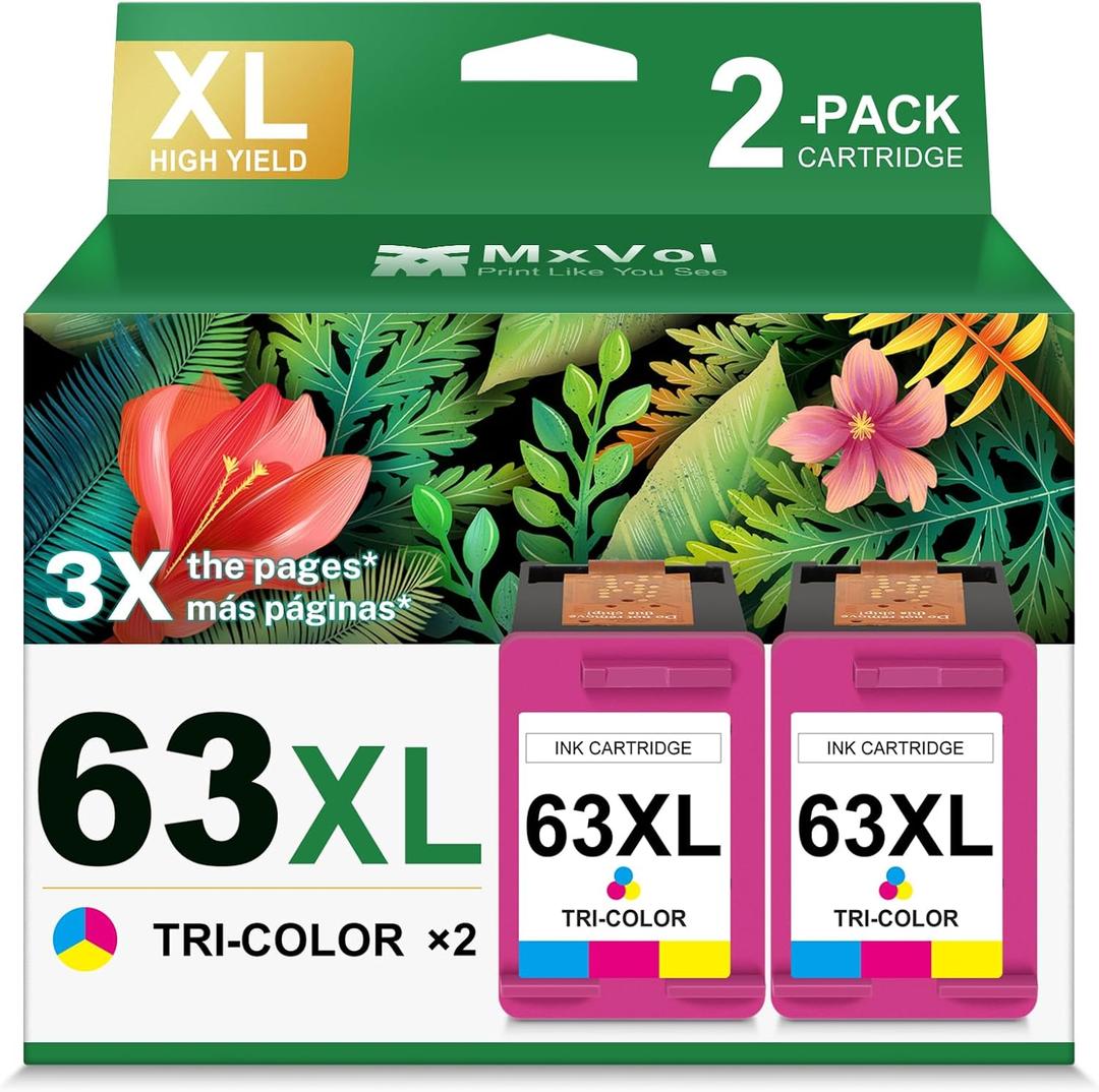 63XL Ink Cartridge Replacement for HP Ink 63 XL HP63 High Yield Ink Compatible for HP Deskjet 1112 3637 3630 2130 Officejet 4650 3830 5200 5255 5258 Envy 4520 4510 2-Pack Color
