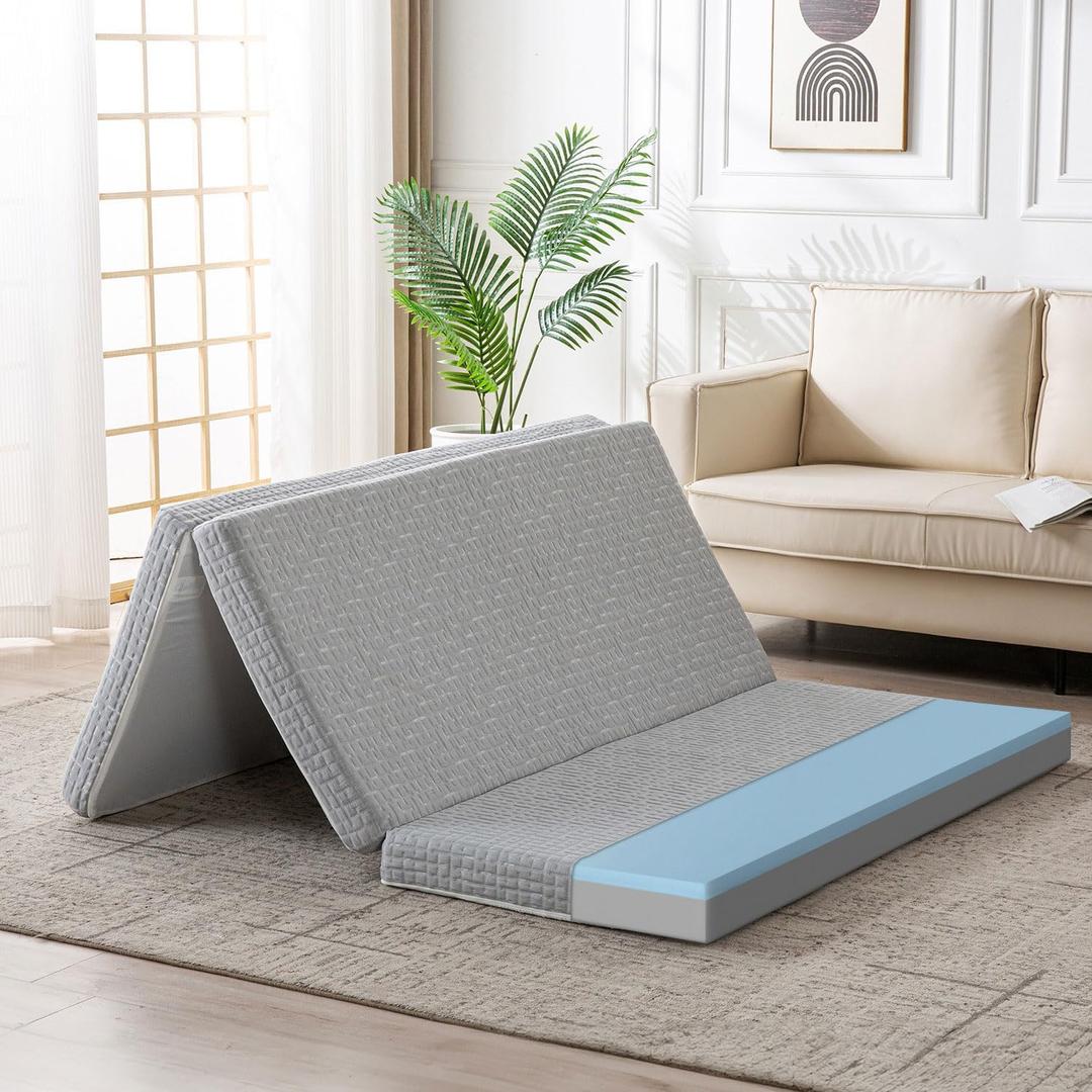 Foldable Mattress, 3 Inch Memory Foam Guest Floor Mat, Tri Folding Portable Mattress for Living Room/Camping, Washable Cover, Non-Slip Design, Full Size Grey