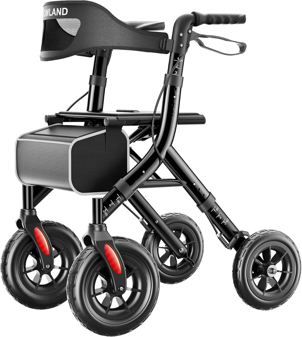 HOMLAND All-Terrain Rollator Walker with Seat for Seniors, Aluminum Frame | 10" Big Rubber Wheels | 16.4 lb Ultra-Light | Foldable Rolling Walker| Lockable Brakes| Removeable Storage Bag| Curb Climber