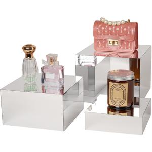 3 Pcs Acrylic Risers for Display, Acrylic Cube Box Food Display Risers Stand Shelf for Catering Dessert Collectibles Jewelry Figures Party (Silver3pc) (Silver 3pcs (6",7",8"))