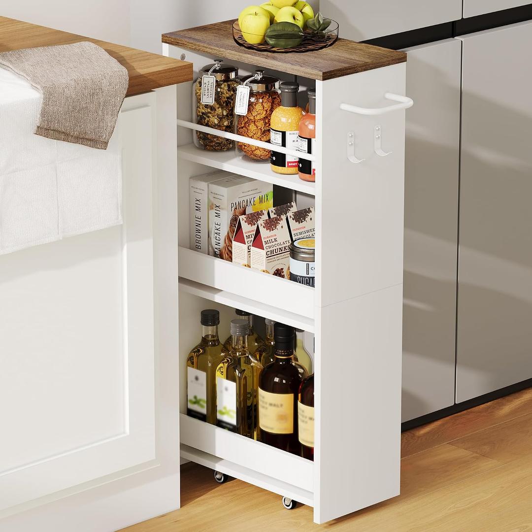 ChooChoo 4-Tier Slim Storage Cart, 7.87 inches Wide Narrow Storage Cabinet with 360 Wheels and 2 Hooks, Space-Saving Organizer for Kitchen, Narrow Places, Dining Room, Walnut+White