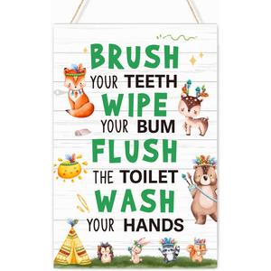 2 x Wash Brush Wipe Flush Sign Kids Bathroom Wood Plaques Wall Decor, Cute Woodland Animal Theme Front Door Wooden Hanging Sign for Boys Bathroom Toilet Washroom Wall Decor 12'' L x 8'' W