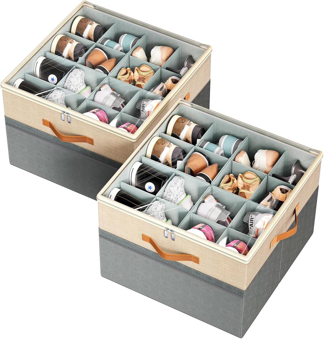 Shoe Organizer for Closet, 2 Pack Foldable Shoe Storage Organizer Box Bin with Adjustable Dividers and Clear Cover, Fits up to 16-32 PairsGrey&Beige