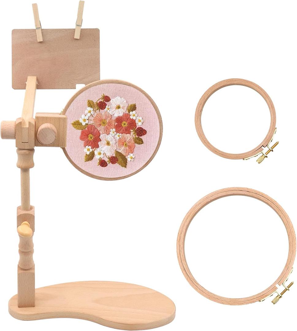 ZOCONE Beech Wood Adjustable Rotated Embroidery Hoop Stand with 2 Pcs Hoops 4'' 6'', Wooden Embroidery Stand Hands-Free Cross Stitch Hoop Holder for Sewing Needlework Embroidery Project (A)