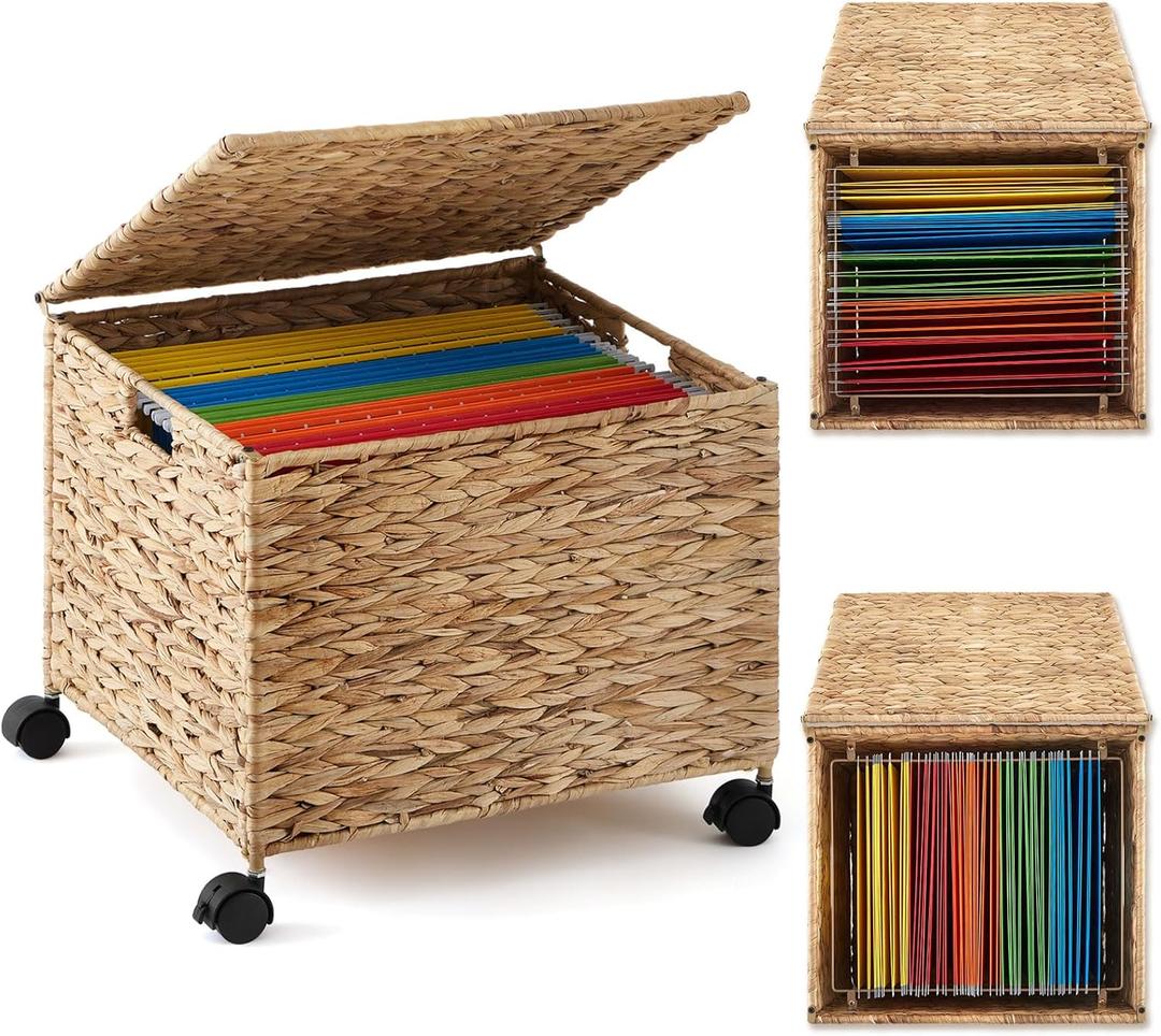 Rolling File Box Organizers, Water Hyacinth Letter/Legal Size File Organizer with Lid and Locking Wheels, Collapsible Hand Woven Hanging Filing Cabinet Box for Office/Home Decor, Natural