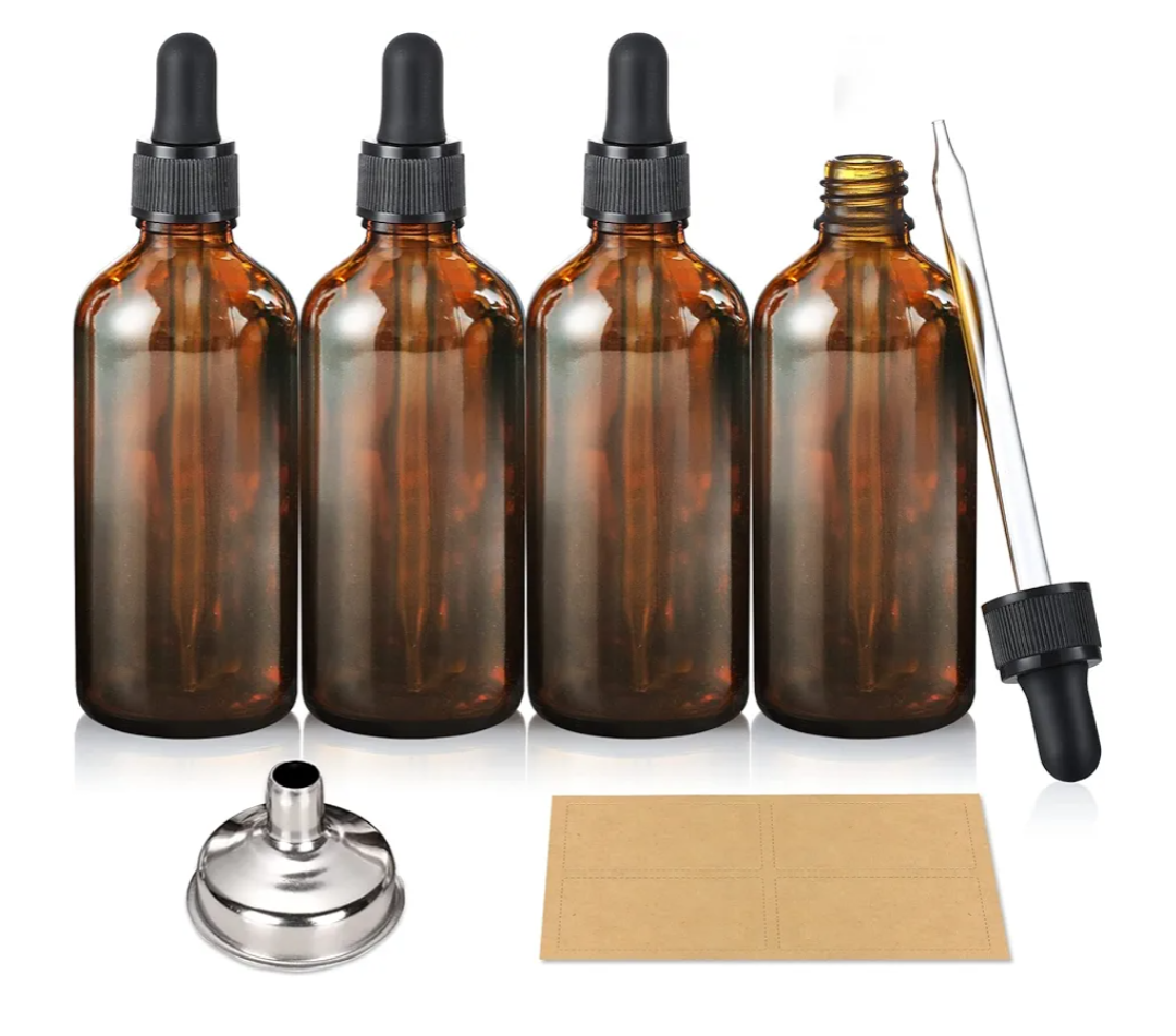 AOZITA 4 Pack, 100ml Dropper Bottles with 1 Funnel & 4 Labels - Essential Oils Bottles for Health, Personal Care & Beauty - 3.4oz Thick Dark Amber Glass Tincture Bottle with Eye Droppers, Leakproof