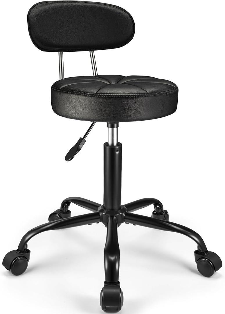 PU Leather Rolling Stool with Back Support Height Adjustable Swivel Stool Chair with Wheels Drafting Chair for Spa Slaon Massage Stable Base Foot Black