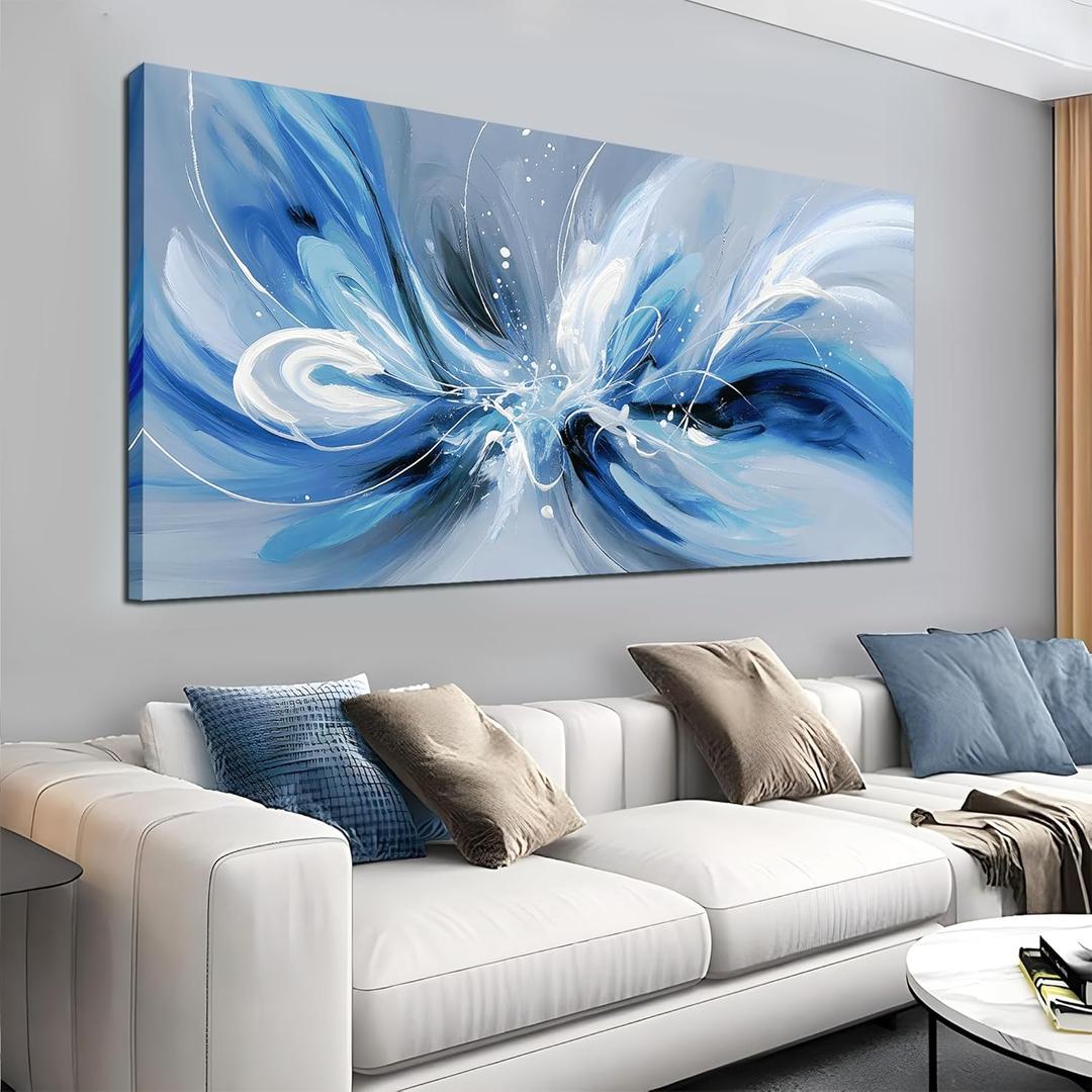 Blue White and Gray Abstract Canvas Wall Art for Living Room Framed Large Print Picture Painting Wall Decor for Bedroom Office Modern Home Abstract Wall Decorations Artwork Size 24x48 Ready to Hang