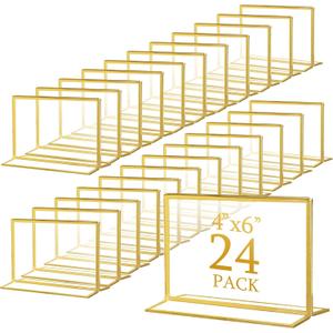 Hoteam 24 Pack 6 x 4 Clear Acrylic Sign Holder with Gold Borders, Gold Picture Frame, Double Sided Wedding Table Number, Acrylic Menu Stands for Wedding Table, Restaurant Sign, Photos Display