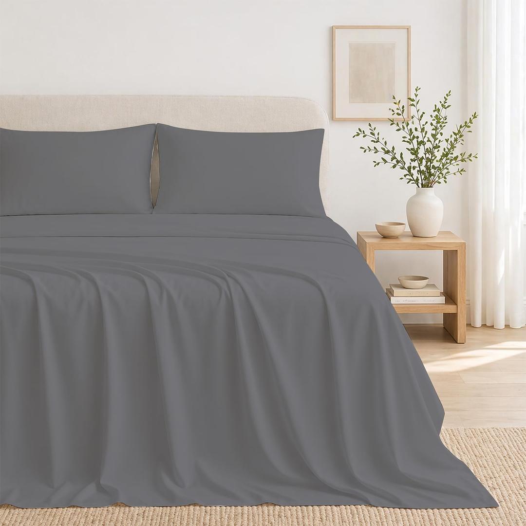 THREAD SPREAD Egyptian Cotton Sheets Full Size Everyday Bedding 100% Cotton Full Size Sheets Set (4 PC, Dark Grey), 16" Deep Pocket Sheet, Soft Sateen Weave and Durable Bedding Set - Ease Collection