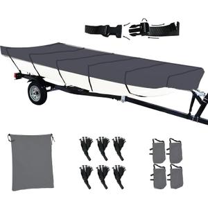 Jon Boat Cover 420D Solution-Dyed Oxford Fabric 12-14ft Heavy Duty Trailerable Jon Boat Cover Waterproof UV Resistant Marine Grade Reinforced Adjustable Side Straps, Grey