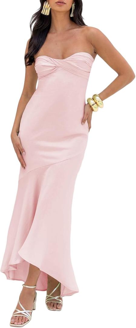 Summer Satin Tube Top Strapless Midi Dress for Women 2025 Formal Ruched Backless Wedding Guest Long Dresses (Pink, M)