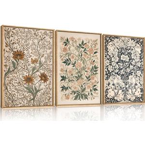 Large Abstract Vintage Flower Framed Canvas Wall Art,Antique Botanical Wall Decor,Neutral Bouquet Wall Painting,Aesthetic Floral Artwork for Living Room,Bedroom,Dining Room,Office -24"x36"x3