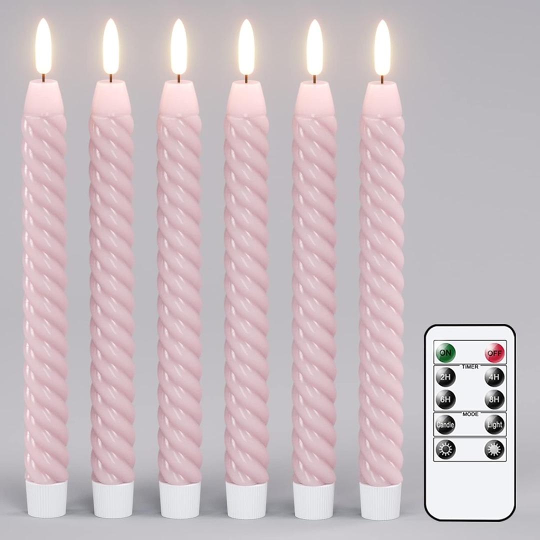 Pink Flameless Taper Candles Pastel Flickering with Remote Timer, 3D Wick LED Spiral Wedding Candles Battery Operated 6 Pack Real Wax Home Birthday Spring Decor(0.78 X 9.8 Inchs) (Pink-6)