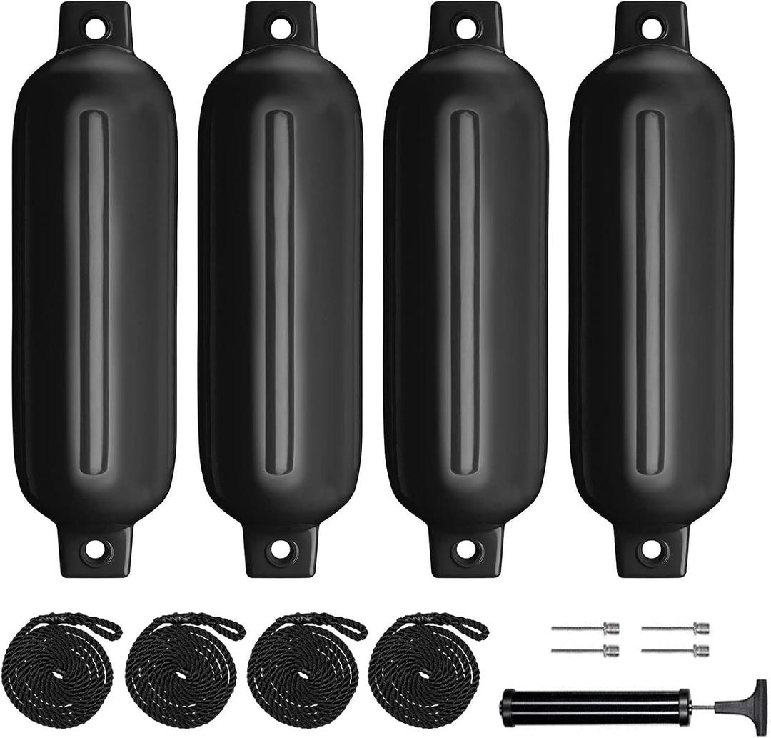 Boat Fenders 4Pack 4.5"/5.5."/6.5"/8.5" Inflatable Ribbed Marine Boat Fender with Fender Lines 6.5ft Needles and Pump for Twin Eyes Boat Fender Bumpers for Docking Fenders Use to Yacht Etc