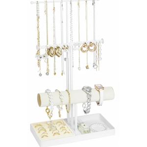 Jenseits 3-Tier Jewelry Holder Organizer:17.1" Adjustable Hanger, Velvet Ring Tray, Metal Aesthetic Display Stand for Necklaces, Earrings, Bracelets, Watches, Gold Jewelry Storage Tower Tree for Women