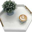 Serving Tray with Polished Metal Handles, Hexagon Coffee Table Tray, Modern Rectangle Decorative Tray, Large Ottoman Tray, Perfect for Storage and Display (White Hexagon)