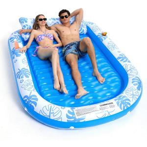 COMMOUDS Inflatable Tanning Pool Lounger Float with Cervical Pillow - Pool Floats Adult for Sunbathing, Backyard, Pool Party - Inflate Ball Pit for Babies - Kids Swimming Pool Bed, SkyBlue-XXL(89" x 67")