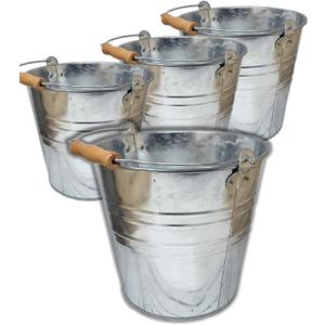 Large Metal Bucket 1.875 Gallon (4 Pack) Pail Tins Silver w/Wood Handle Retro Look for Planter or décor, Gifts Basket, Ice, Top 9.5 Height 8.5, Bottom 6.5 Inch