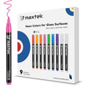 maxtek Neon Dry Erase Markers Fine Tip,Liquid Chalk Markers for Chalkboard,LED Note Board,Acrylic,First Day of School Board,Glass,Windows,1mm Fine Point,Assorted Colors,9 Count