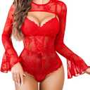 Avidlove Women Lace Bodysuit with Crop Top Sexy Going Out Bodysuit Floral Lace Lingerie Set Sexy Rave Outfits
 Red L