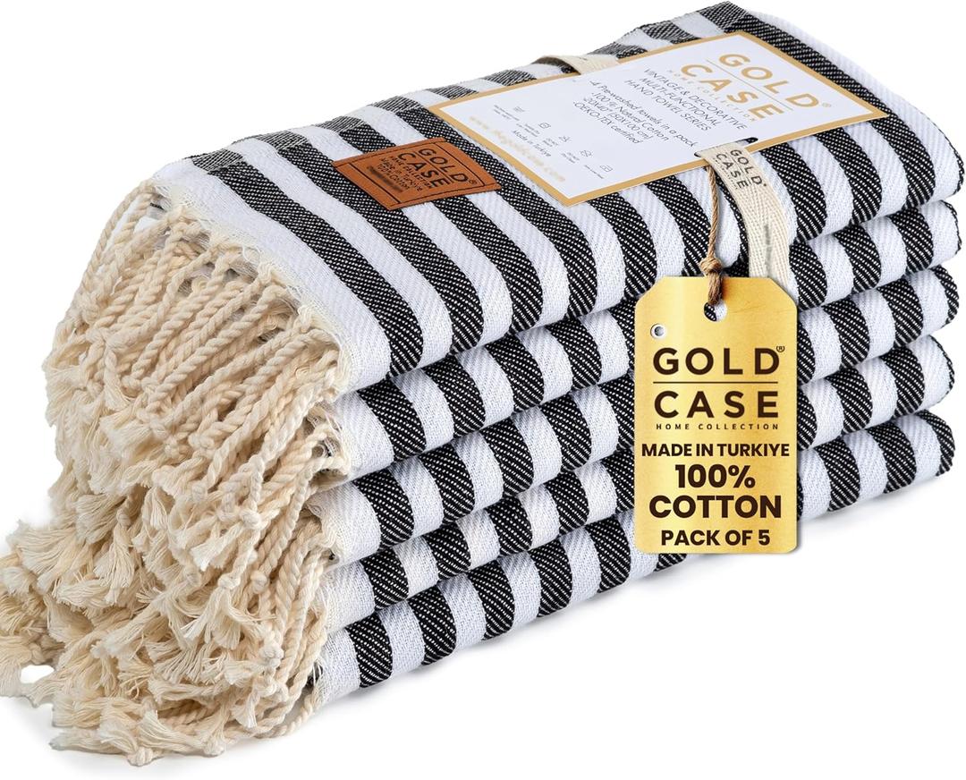GOLD CASE HOME COLLECTION Myra Original Turkish Hand Towels by Gold CASE - Set of 5-20x40 inches 100% Cotton Decorative Towel Bathroom & Kitchen & HandFaceHairFarmhouseGymTea & DishclothBlack