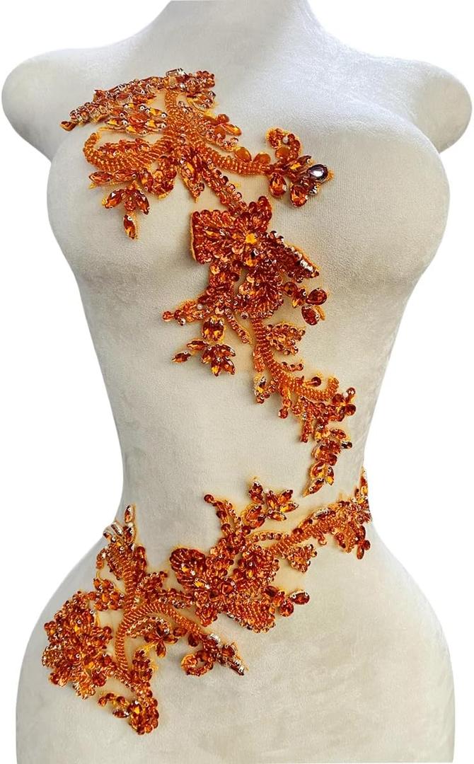 Handmade Rhinestones Bodice lace Applique handsewing Beads Sequins Trim Patches for Dress Clothes Accessories one Set/Bag 5.5X14inches (Orange)