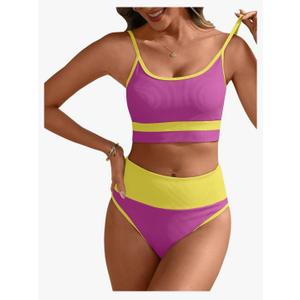 ANRABESS Women High Waisted Bikini Sets Color Block Summer Beach Vacation 2 Piece Bathing Suit Tummy Control Ribbed Swimsuit Large, Rose Yellow 