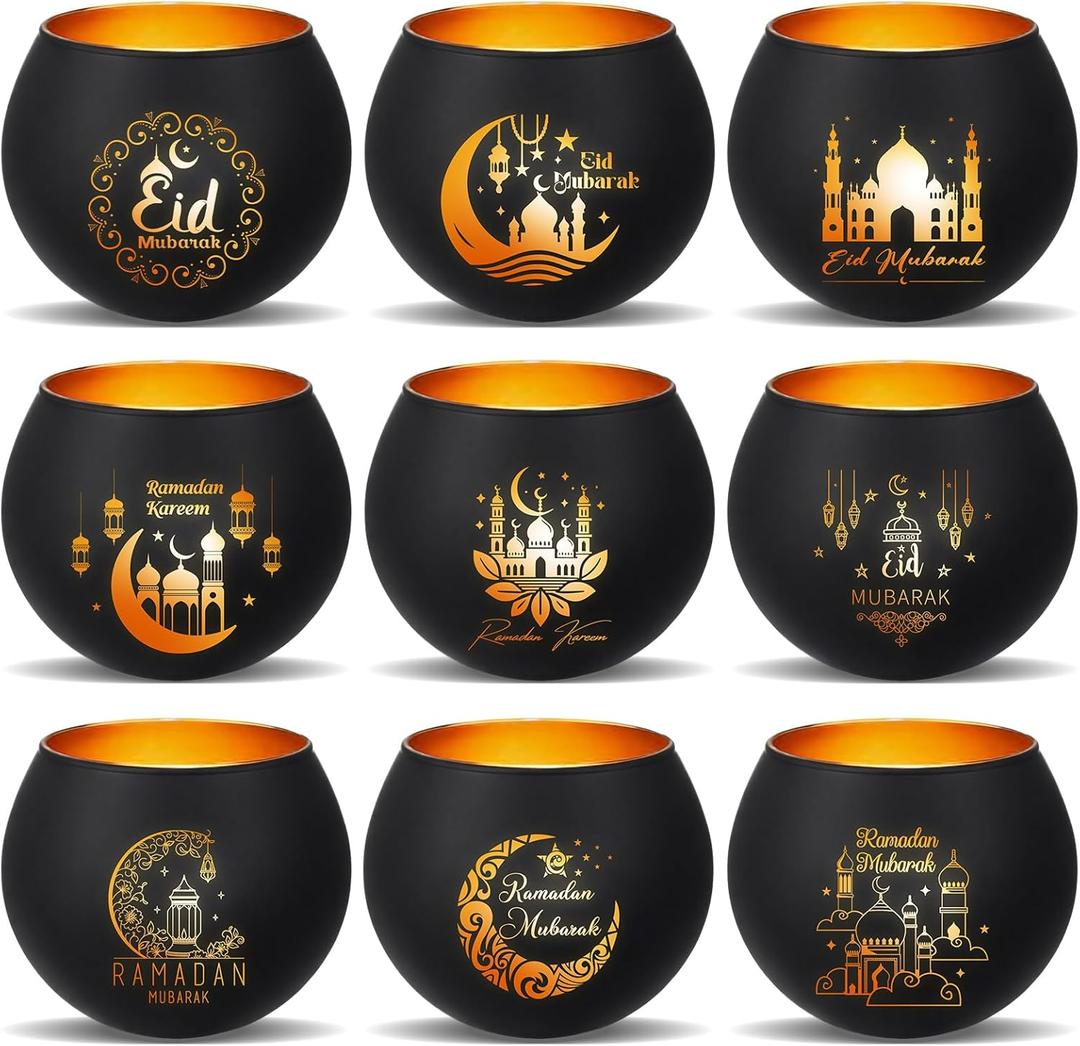 9 Sets Ramadan Candle Holders with Votive Tealights Ramadan Mubarak Table Decoration for Home 9 Designs Eid Table Centerpiece Islamic Gift(Black)