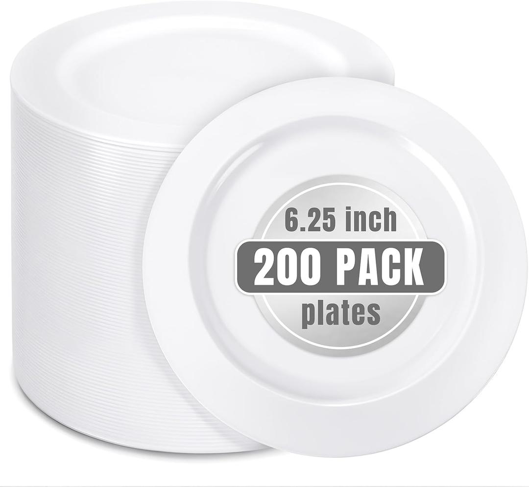 bUCLA 200PCS White Plastic Plates - 6.25inch Disposable Salad/Dessert/Appetizer/Small Cake Plates for Wedding & Party